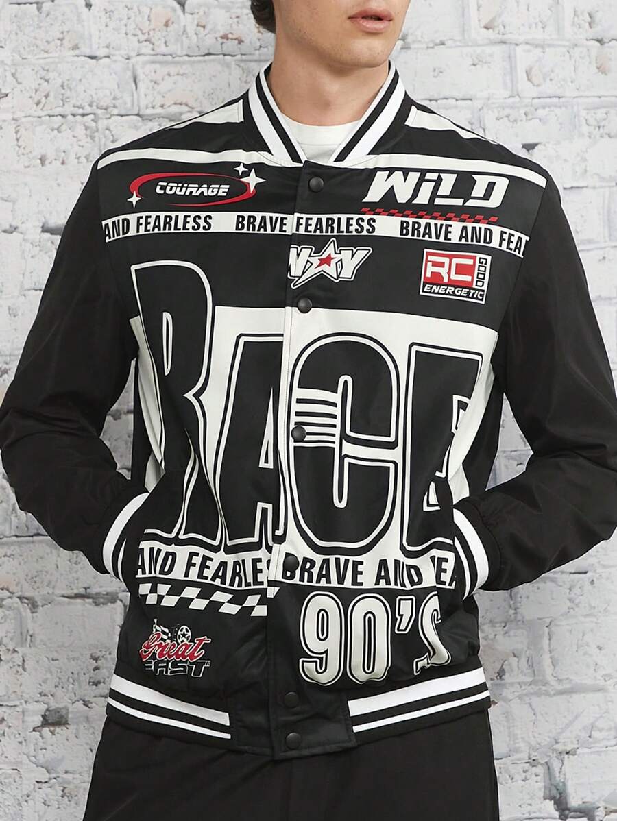 Manfinity VCAY Loose Men Letter Graphic Striped Trim Jacket, For Fall Winter - Multicolor - View 1