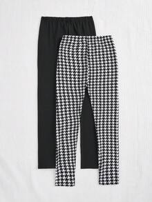 女大童2入組千鳥格印花緊身打底褲 - 黑與白 - 查看 3