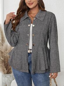 SHEIN Clasi Plus Herringbone Print Peplum Coat - Dark Grey - View 1