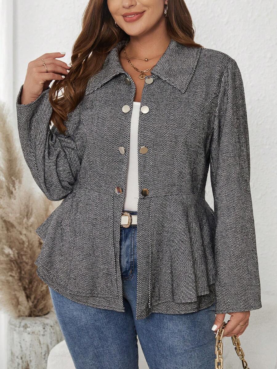 SHEIN Clasi Plus Herringbone Print Peplum Coat - Dark Grey - View 1