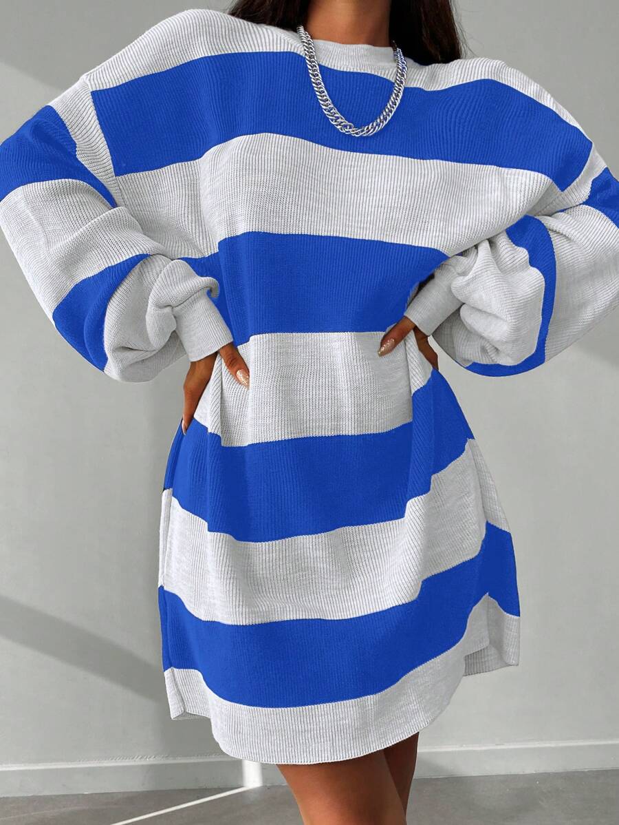 EURMUSE Colourblock Pattern Drop Shoulder Jumper Dress - Blue and White - View 1
