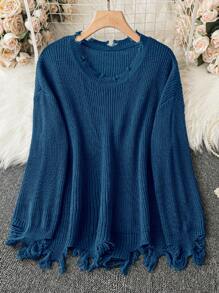 SHEIN LUNE 大碼落肩袖仿舊邊套頭毛衣 - 藍色 - 查看 1