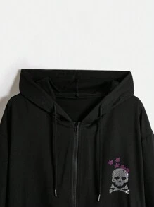 ROMWE Kawaii Sudadera con estampado de calavera y decoración de rhinestones para mujer talla grande - Negro - Ver 3