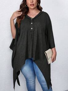 SHEIN LUNE Plus Batwing Sleeve Button Front Asymmetrical Hem Tee - Grey - View 4