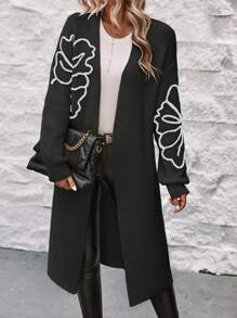 SHEIN Essnce 1入組花卉圖案落肩袖開襟開衫 - 黑色 - 查看 6