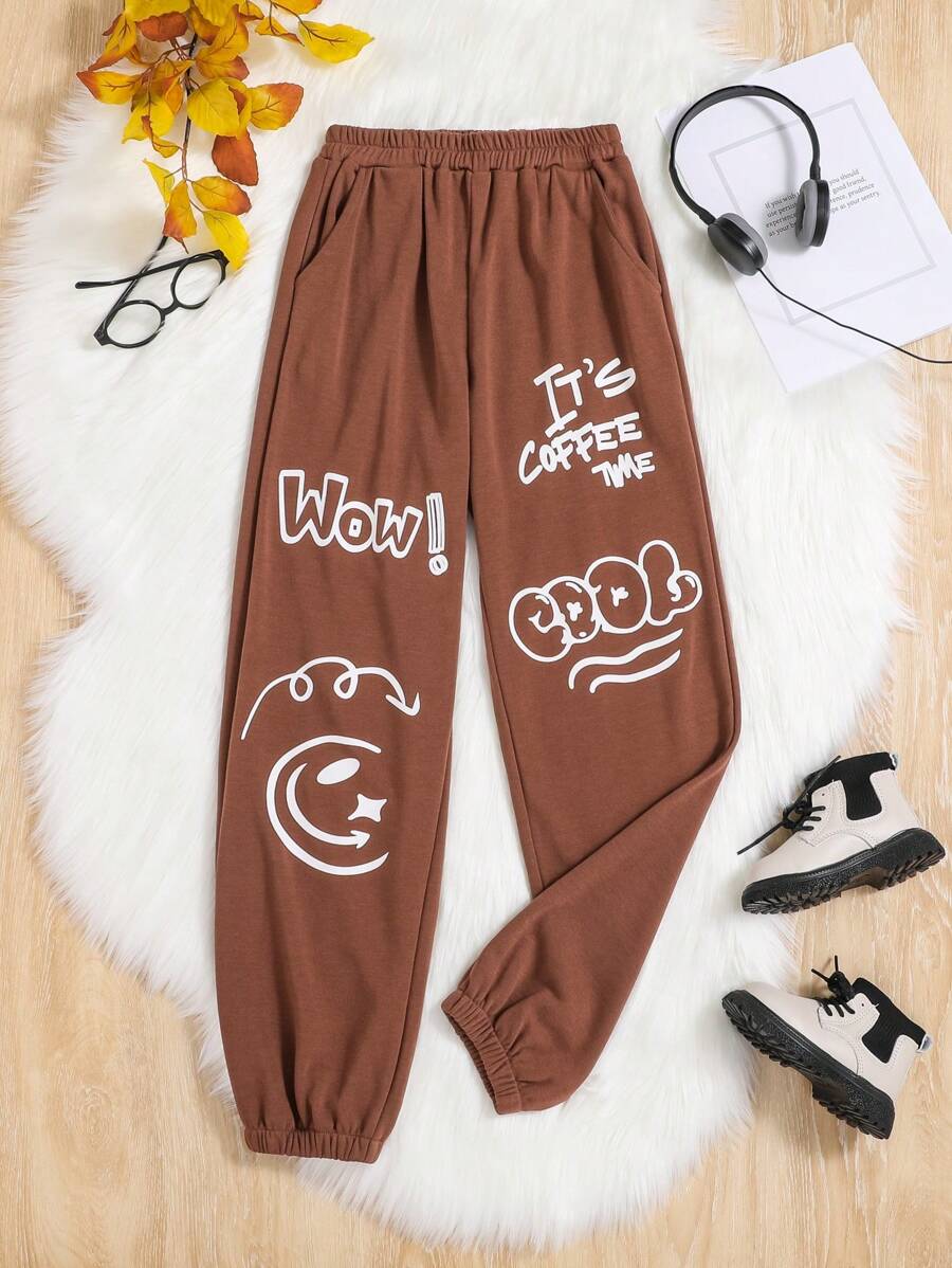 SHEIN Tween Girl Cartoon & Slogan Graphic Sweatpants - Camel - View 1
