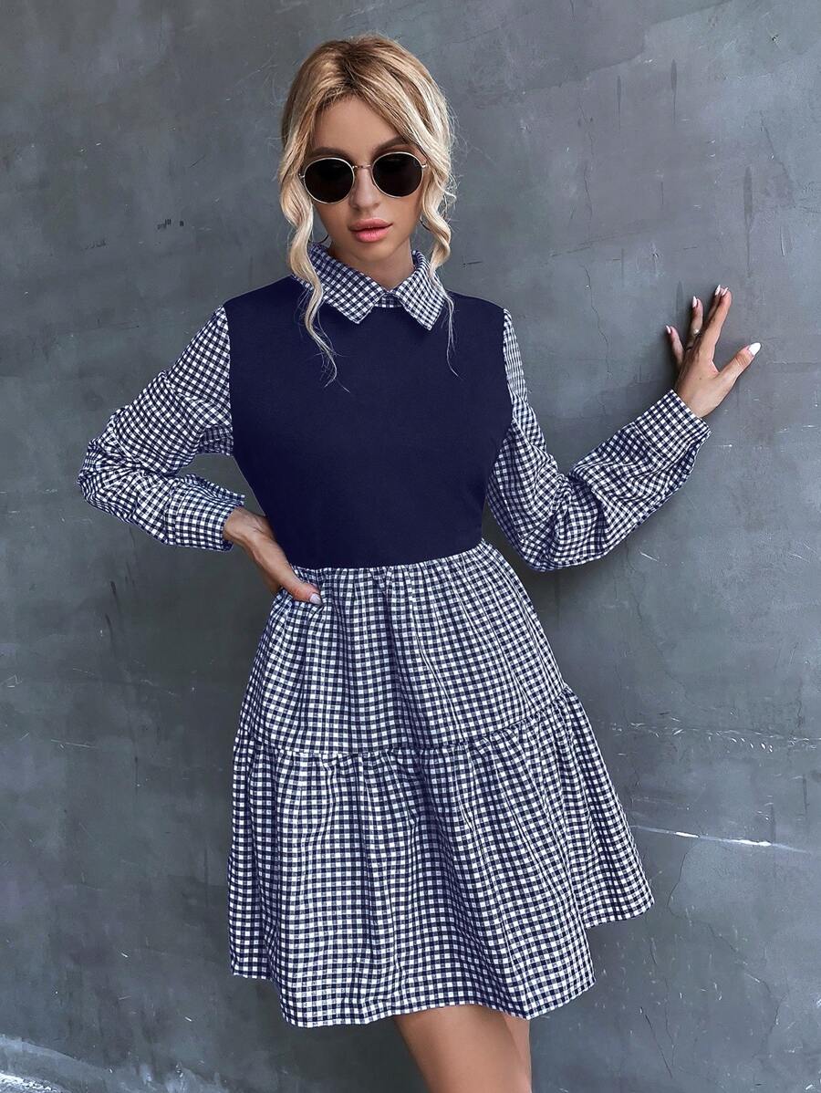 SHEIN LUNE Vestido 2 en 1 con estampado de guingán bajo con fruncido