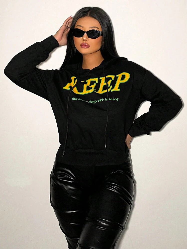 Slogan Graphic Kangaroo Pocket Drop Shoulder Drawstring Hoodie