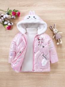 SHEIN Young Girl Rabbit Print 3D Ears Design Hooded Padded Coat Without Sweater - Pink - View 1