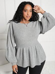 SHEIN CURVE+ 女士大尺碼圓領純色荷葉邊毛衣 - 灰色 - 查看 5