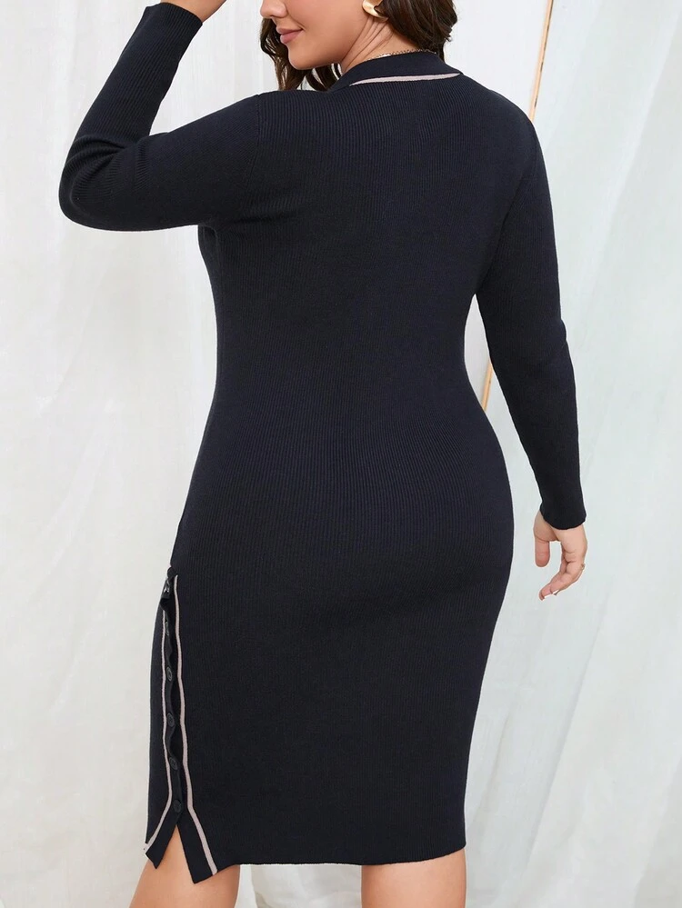 Plus Size Contrast Color Edges Bodycon Sweater Dress