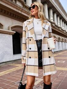 SHEIN Clasi 格紋印花西裝領雙排釦花呢外套 - 彩色 - 查看 6