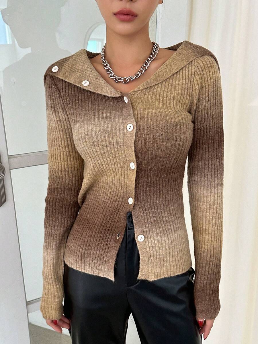 Dazy Star Ombre Sailor Collar Button Front Cardigan,Fall Clothes Jacket - Brown - View 1