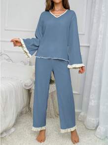 撞色饰边荷叶边袖荷叶边下摆睡衣套装/睡衣套装 - 藍色 - 查看 5