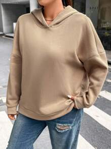 Flirla Áo nỉ dáng rộng xẻ lưng, vai rớt - Màu Khaki - Xem 5