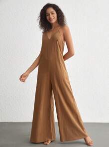 Ocili Leisure Solid Wide Leg Cami Jumpsuit - Khaki - View 5