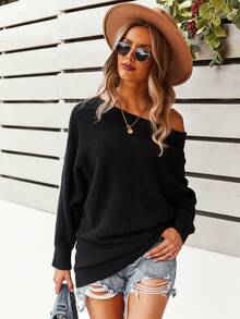 SHEIN VCAY Solid Batwing Sleeve Sweater - Black - View 6