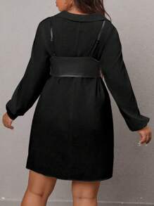 SHEIN LUNE Plus Solid Pu Leather Cami Top & Lantern Sleeve Dress - Black - View 2