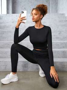 SHEIN 青少年女孩素色短款T恤&緊身打底褲 - 黑色 - 查看 5