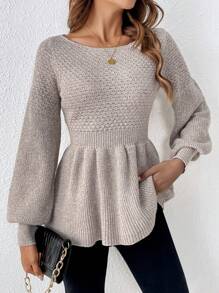 SHEIN Frenchy Lantern Sleeve Peplum Waist Sweater,Long Sleeve Tops In Fall/Winter - Khaki - View 4