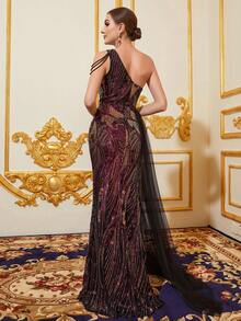 Faeriesty Váy dự tiệc sequin xếp ly một bên vai có chi tiết xích - màu đen - Xem 3