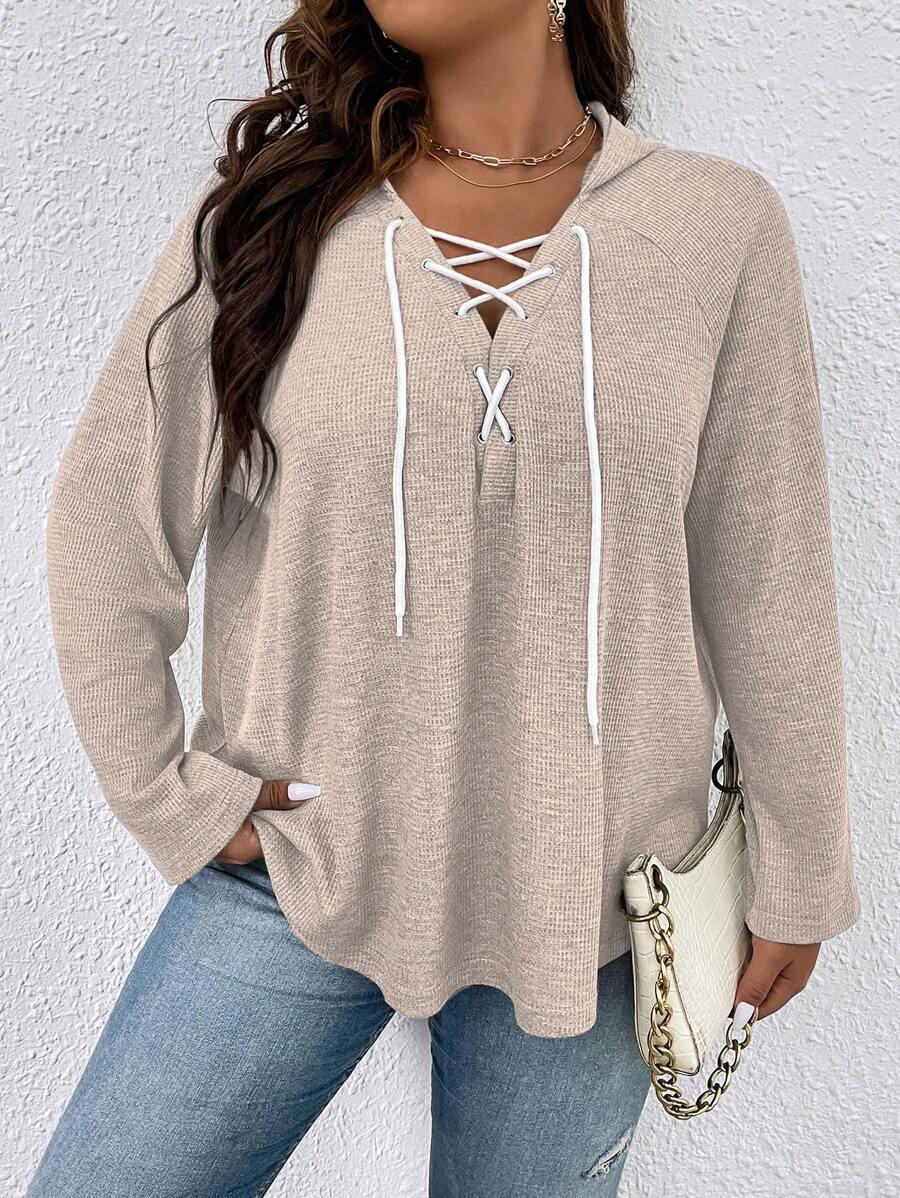 SHEIN LUNE Áo nỉ tay raglan buộc dây, có khoen cài, cỡ lớn - Màu be - Xem 1