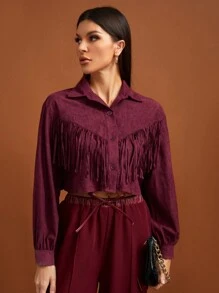 SHEIN Tall Fringe Trim Crop Jacket - Burgundy - View 3
