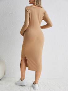 SHEIN 孕婦方領高衩條紋針織緊身洋裝 - 杏色 - 查看 2