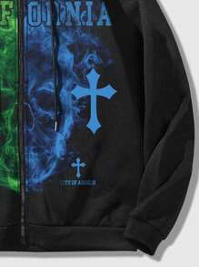 ROMWE MEN Goth Men Letter Printed Zipper Placket Drawstring Hooded Sweatshirt - Black - View 5