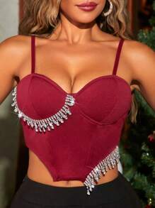 SHEIN SXY Rhinestone Fringe Trim Asymmetrical Hem Cami Top - Red - View 1