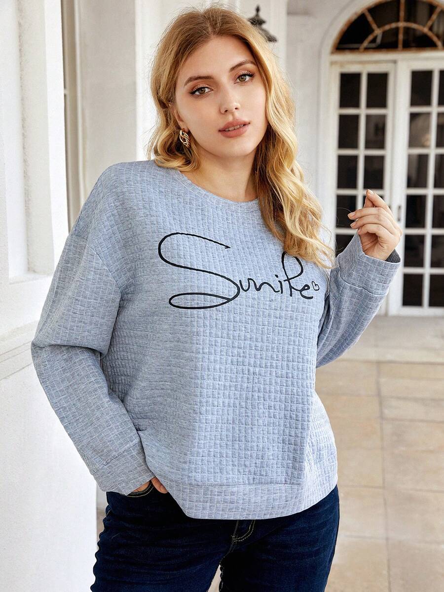 SHEIN Franclia 大碼字母圖案落肩袖運動衫 - 灰色 - 查看 1