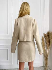 EURMUSE Women's Solid Color Mottled Collar Long Sleeve Jacket And Side Slit Hem Midi Skirt Elegant 2-Piece Set - Beige - View 3