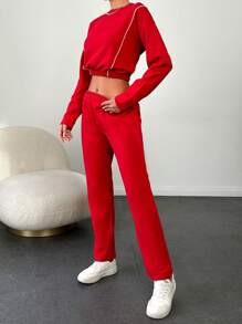 RueChic Top-stitching Drop Shoulder Crop Sweatshirt & Pants - Red - View 4