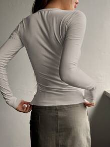 DAZY Camiseta de punto acanalado con botones a la mitad, blusas de mujer de manga larga para otoño - Gris - Ver 2