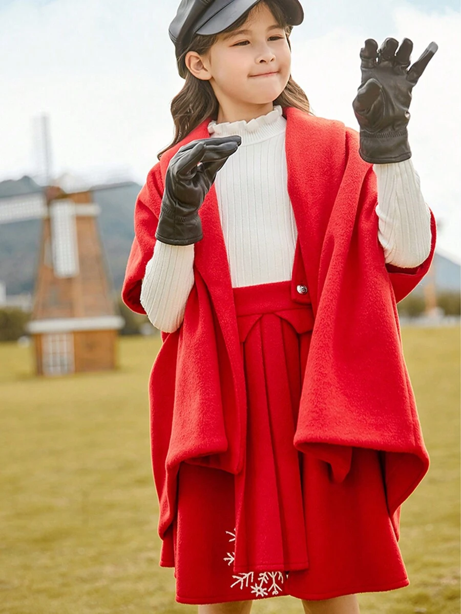 Tween Girl 1pc Batwing Sleeve Shawl Collar Coat & 1pc Belted Skirt - Red - View 1