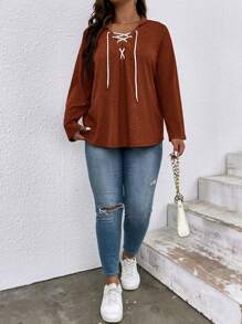 SHEIN LUNE 大码系带前襟插肩袖卫衣 - 亮橙色 - 查看 6