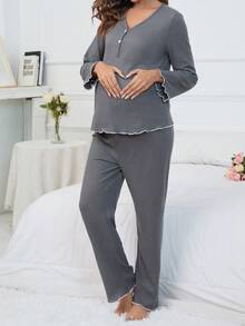 SHEIN Maternity Lettuce Trim Lounge Set - Grey - View 4