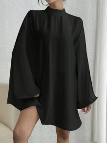 SHEIN Privé 小高領露背喇叭袖洋裝 - 黑色 - 查看 6