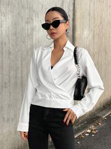 DAZY Solid Surplice Neck Wrap Detail Blouse,Fall Clothes Long Sleeve Top - White - View 6
