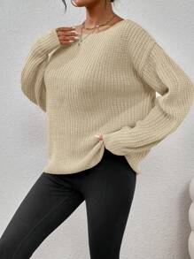 SHEIN LUNE Jersey de cuello barco de hombros caídos tejido de canalé - Beis - Ver 3