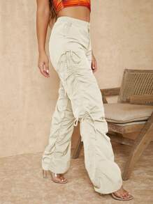 RueChic SHEIN Cut Out Drawstring Side Pants - White - View 5