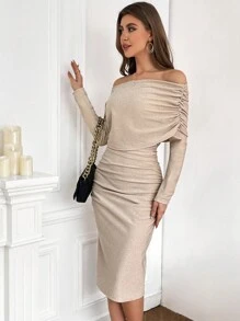 SHEIN Privé Vestido ajustado de hombros descubiertos fruncido lateral brillante - Dorado - Ver 5