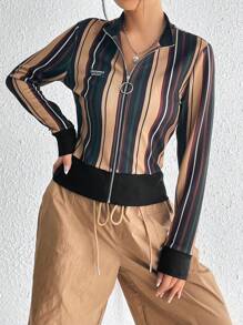 SHEIN EZwear In sọc Chi tiết Patched thư Dây kéo Áo thun - màu đen - Xem 3