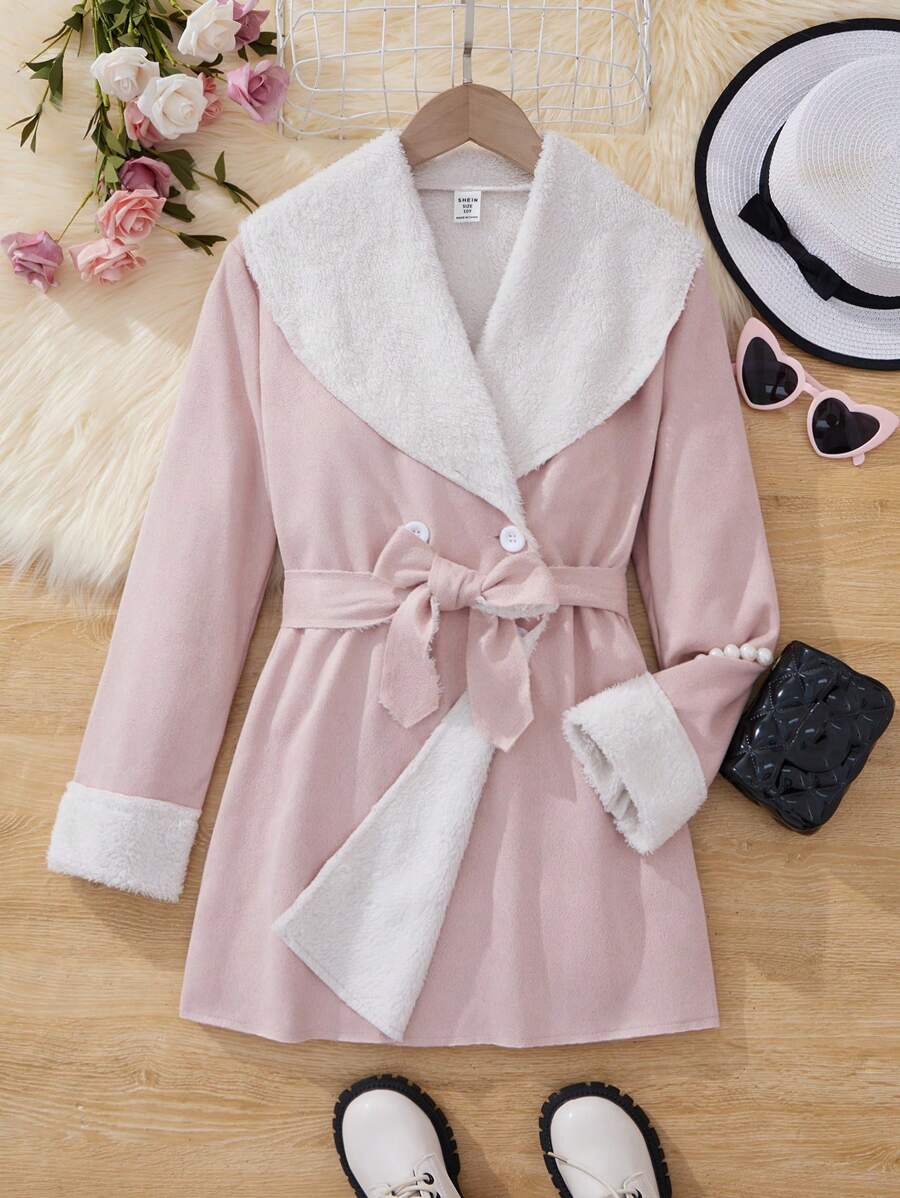 SHEIN Tween Girl Fuzzy Trim Double Breasted Belted Coat