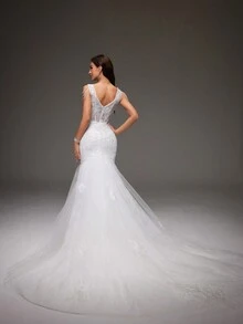 Vestido Formal De Cola De Sirena Con Encaje Y Espalda Baja - Blanco - Ver 2