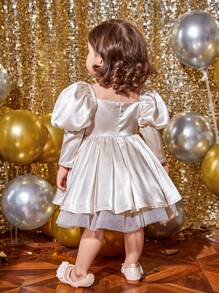 SHEIN Baby Girl Gigot Sleeve Contrast Mesh Party Dress - Apricot - View 2