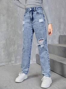 SHEIN Chica adolescente Jeans desgarro con bolsillo oblicuo - Azul lavado medio - Ver 3