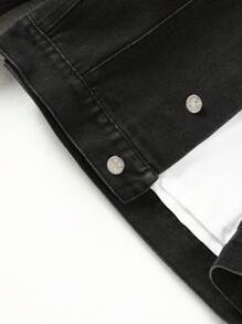 Teen Boy Letter Graphic Flap Pocket Denim Jacket Without Hoodie - Black - View 5