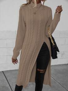 EMERY ROSE Mock Neck Split Hem Cable Knit Longline Sweater,Long Sleeve Tops Knit Pullover Fall Winter Outfit