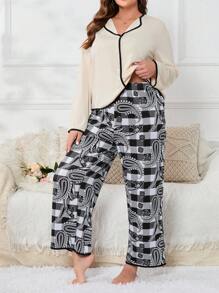 Plus Paisley And Plaid Print Contrast Binding PJ Set / Pajama Set - Multicolor - View 3